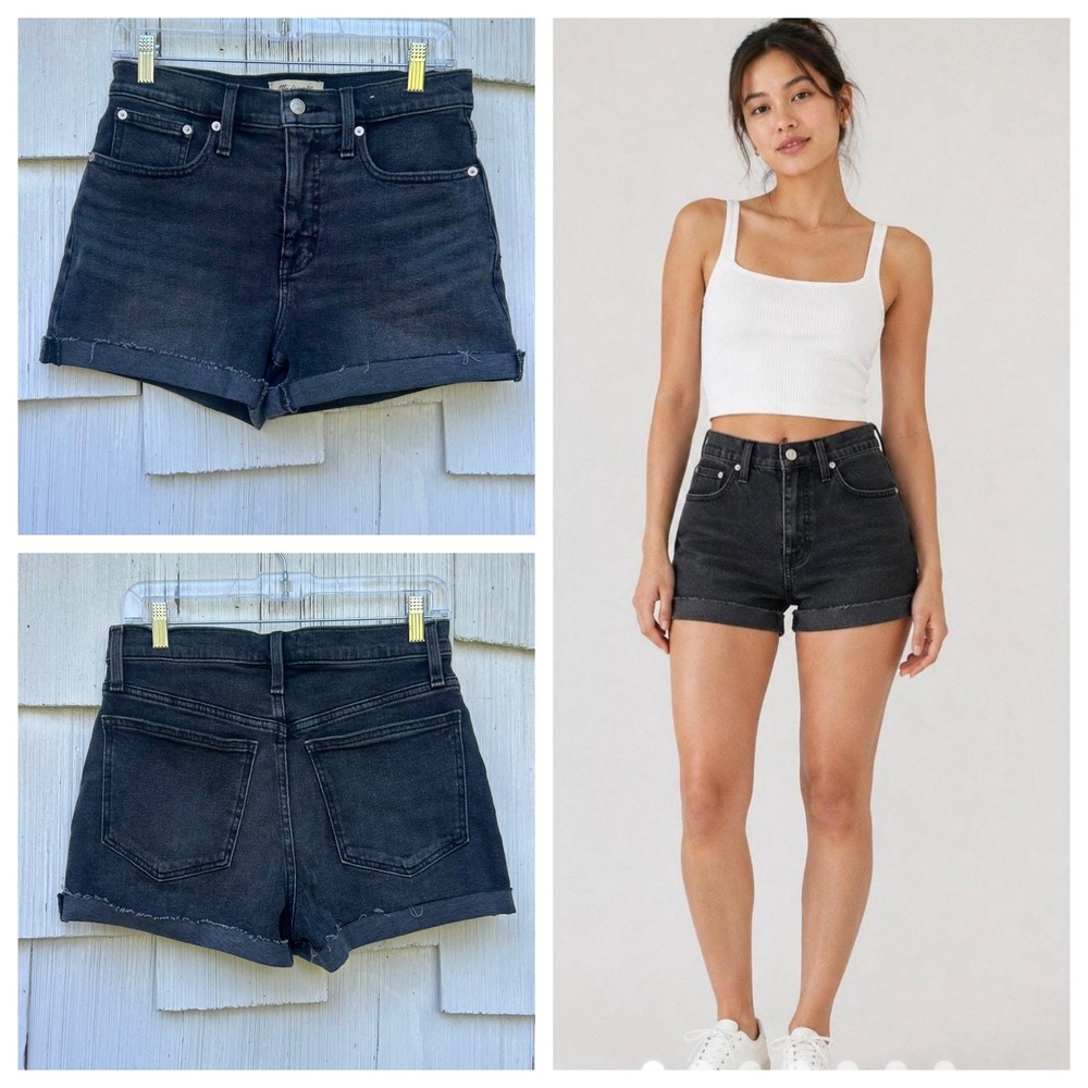 Madewell High-Rise Denim Shorts in Lunar Wash Black Size 26 Raw Hem Cuffed